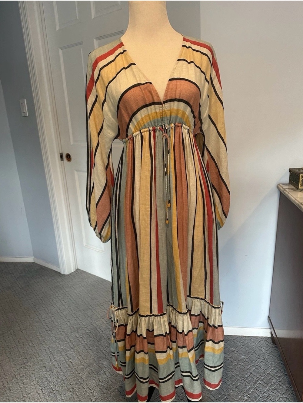 Zimmermann Striped V-Neck Midi Dress in Cream, Pink, Blue, Yellow, Red - Picture 2 of 5